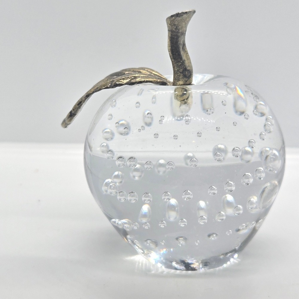 Vintage Clear Glass Apple Paperweight Controlled Bubbles Brass Stem Leaf